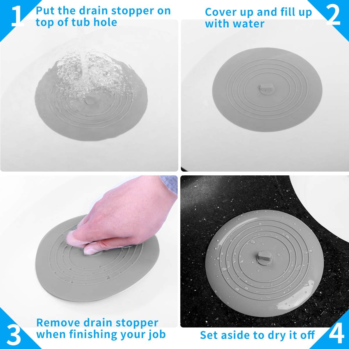 AmazerBath 2 Pack Bath Tub Stopper for Drain, 6 Inches Silicone Shower Drain Bath Plug Stopper for Kitchen, Bathroom, Laundry (Grey)