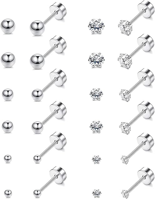CASSIECA 12 Pairs Stud Earrings for Women Men Stainless Steel Tiny Barbell Ear Stud Piercing Small CZ Round Ball Screw Flat Back Cartilage Earrings Set 2-4MM
