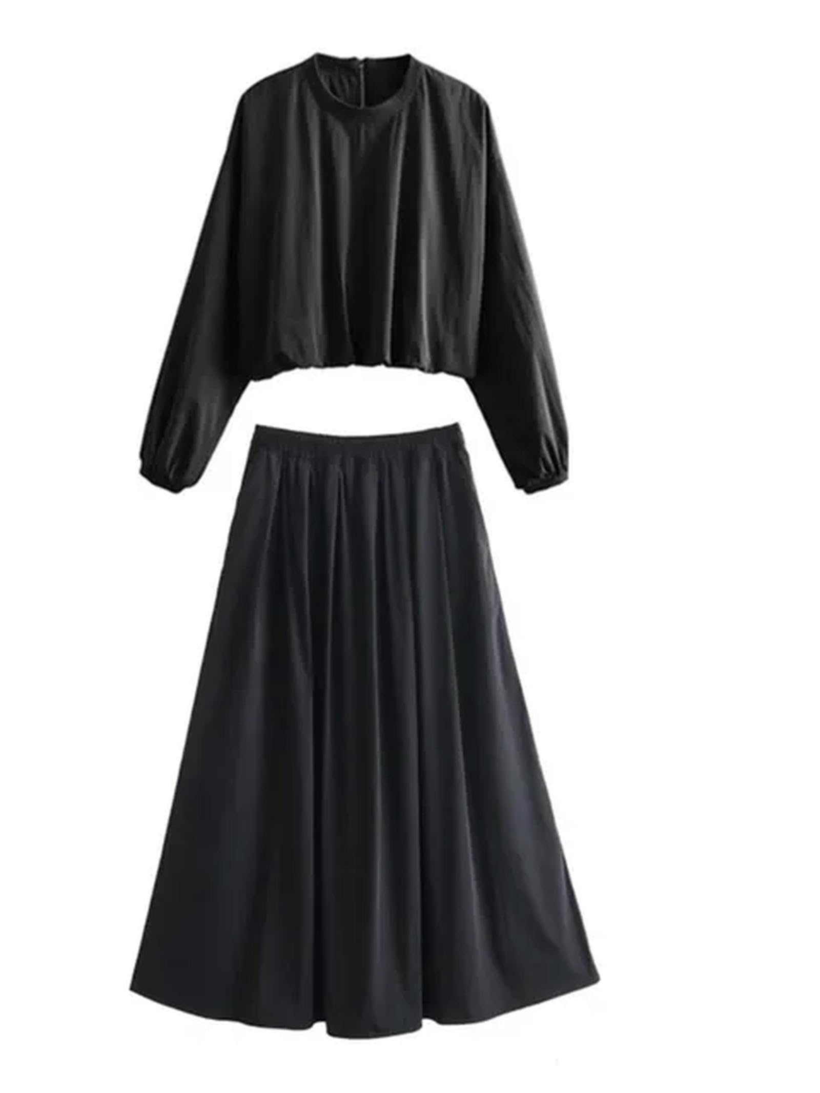 Blusa Informal Negra para Mujer, Top de Manga Larga con Cuello Redondo y Cremallera en la Espalda, Ropa de Calle para Mujer, Conjuntos 06-04-M