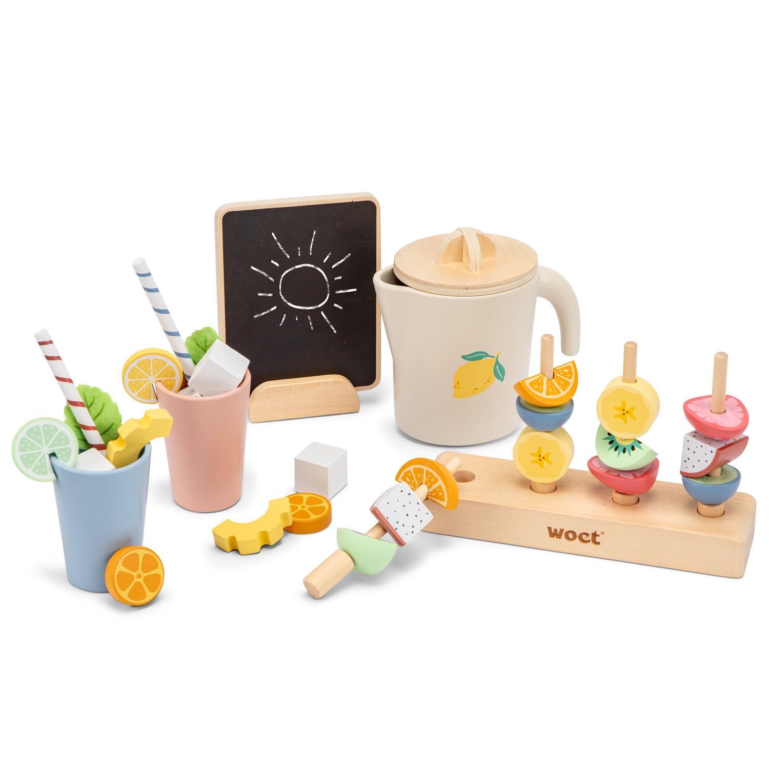 Woet – Wooden Summer Party Playset for Kids Age 3+ – 37-Piece FSC Lemonade Stand Toy – Role Play Kitchen Accessories – Play Food Set – Pretend Play Gift for Girls and Boys