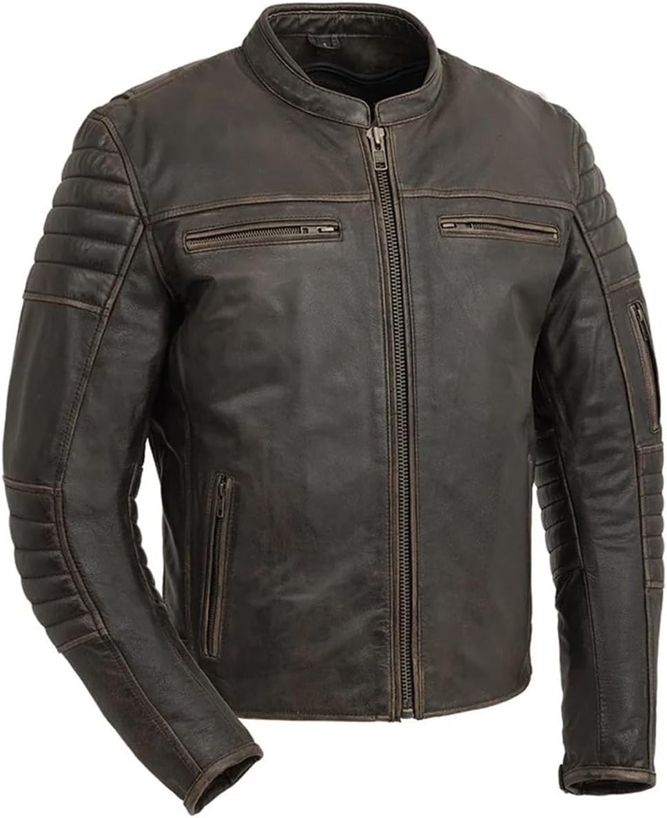 First Mfg Co - Commuter - Men's Motorcycle Biker Riding Brown Leather Jacket - Medium - Action Back Armor Pockets Gussets Thermal Liner Vented