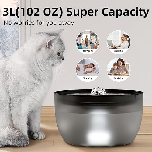 Miniatura 4 de Casfuy W8 - Fuente de agua silenciosa de acero inoxidable para perros y gatos con luz LED, color negro, 102 onzas