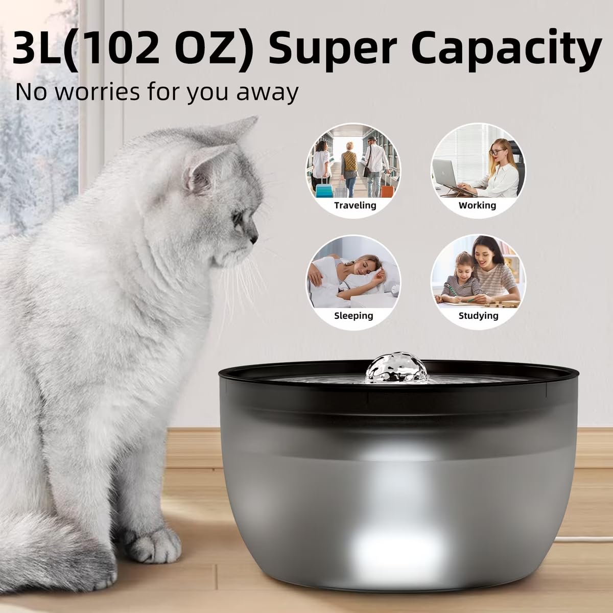 Casfuy W8 Quiet Stainless Steel Dog & Cat Water Fountain with LED Light, Black, 102-oz - image 4