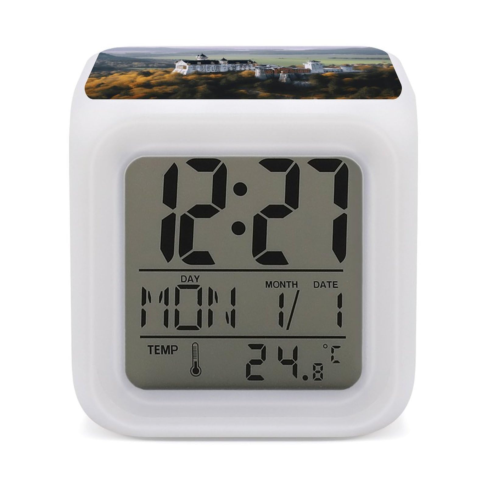 VstaDank Germany Neuschwanstein Castle Alarm Clock for Bedrooms Small Clocks with 7 Color Night Light Desk Clock with Large Numbers Loud Wake Up Timer Ideal for Gift & Room Decor