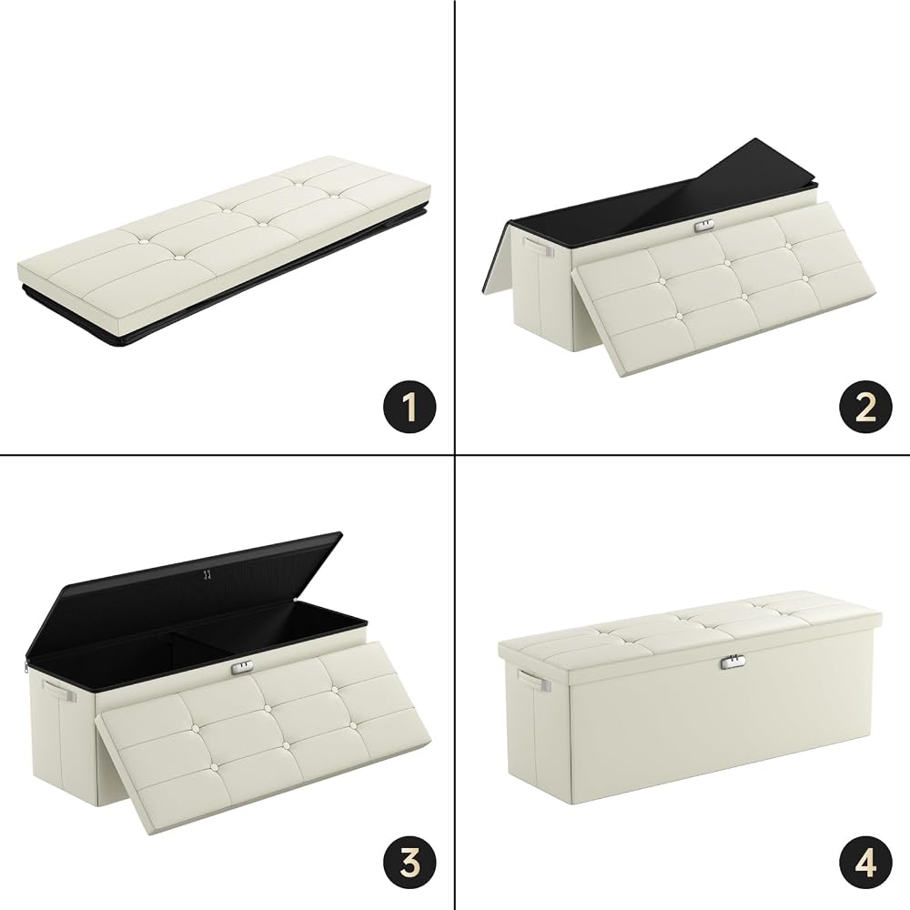 DocSafe Storage Ottoman Bench,Fireproof＆Waterproof Folding Bench with Lock(15”x 43”x15”),Leather Storage Chest with Handles＆2 Extra Boxes,Ottoman Safe for Bedroom,Living Room,Home Office,Beige