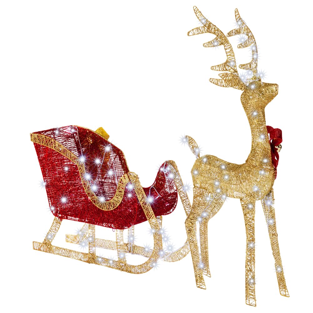 BAKAJI Renna Natalizia Luminosa XXL con Slitta per Esterno con 8 Funzioni di Luce, Decorazione Natalizia 120 cm Altezza, Decorazioni Addobbi LED di Natale per Giardino (Bianco Freddo)