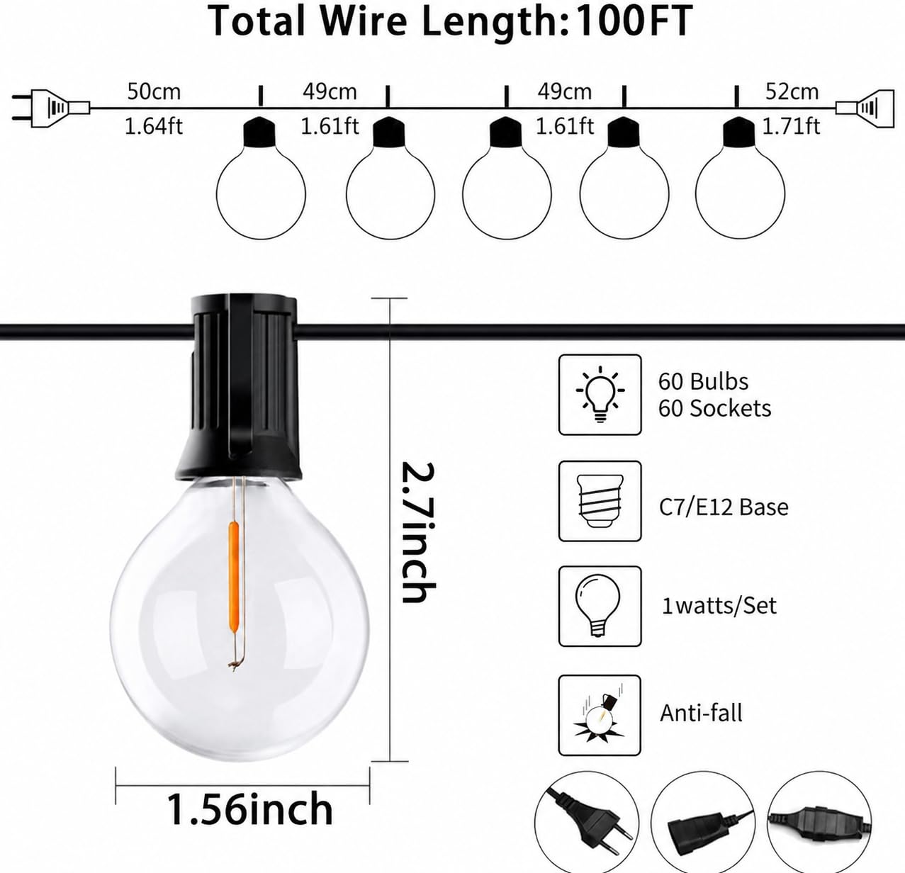 LED Lichterkette Außen Strom, 30M Lichterkette Outdoor Glühbirnen Außen mit 60+2 G40 Birnen IP44 Wasserdicht, Innen/Außen Lichterketten für Garten, Terrasse, Hochzeiten, Partys
