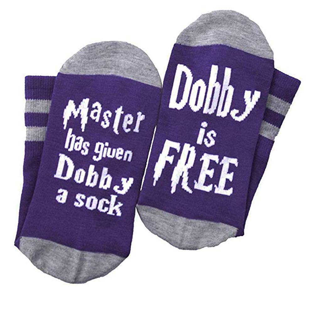 YUIOUnisex Novelty Socks Funny Saying Dobby Is Free Knitted Words Crew Socks for Womens Mens(Purple)