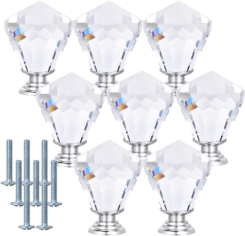 8 Pieces Door Knobs - Crystal Drawer Pulls Knobs with Screws, Clear Pull Handles for Dresser Cabinet Closet, Furniture Decorative