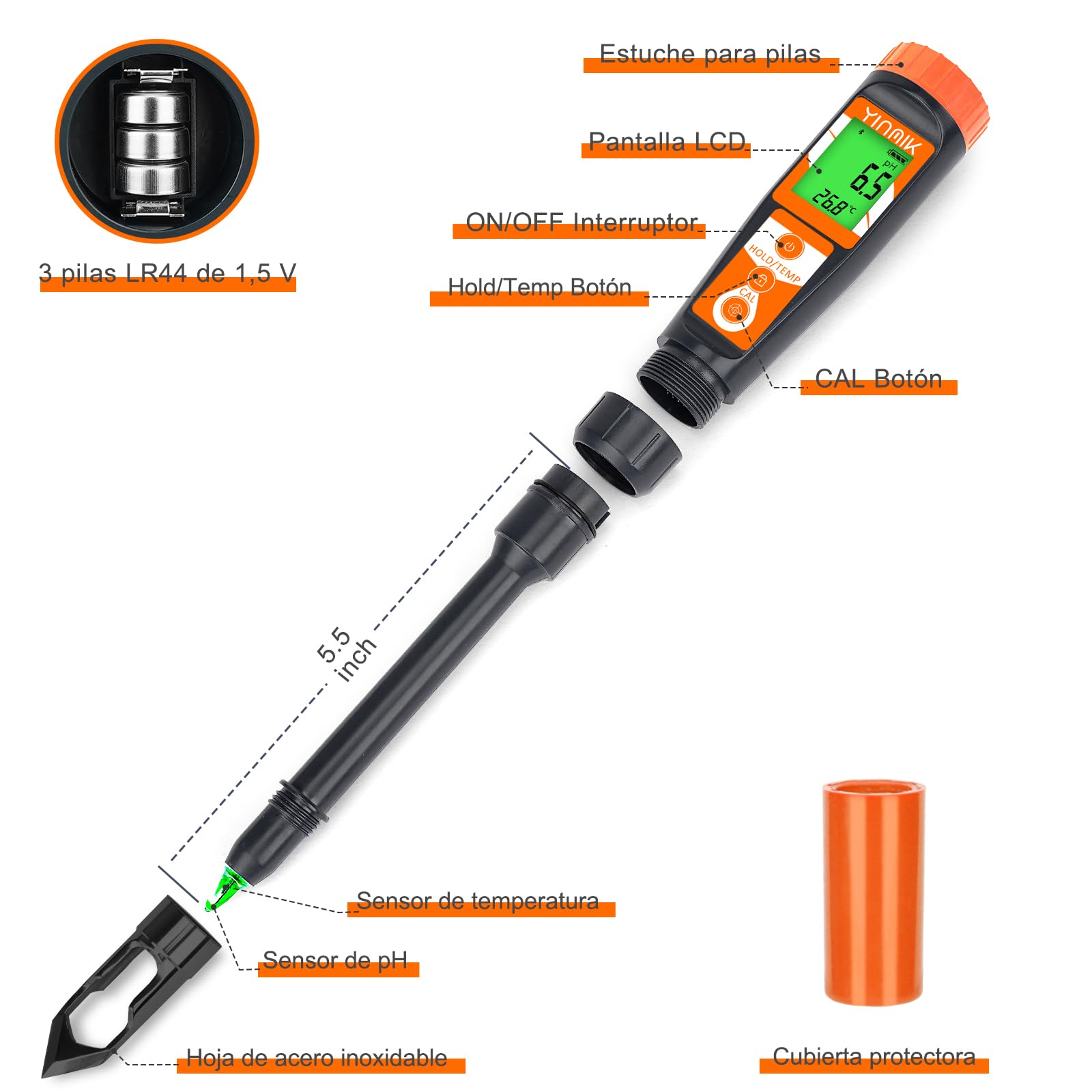 Medidor de pH Del Suelo, YINMIK Probador de Suelo Digital, Kit de Prueba de pH/temperatura para Analizar el Suelo y el Agua en Plantas Agrícolas y Exteriores, Jardines, Paisajismo y Césped