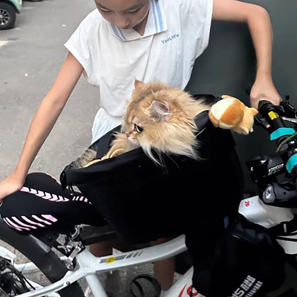Dog Bike Basket Carrier for Small Pets, Front Mounted Bicycle Seat with Internal Tether, Cushioned Liner, Fast Clamp Install, Stable Multi-Point Fixing(Under 15 pounds)