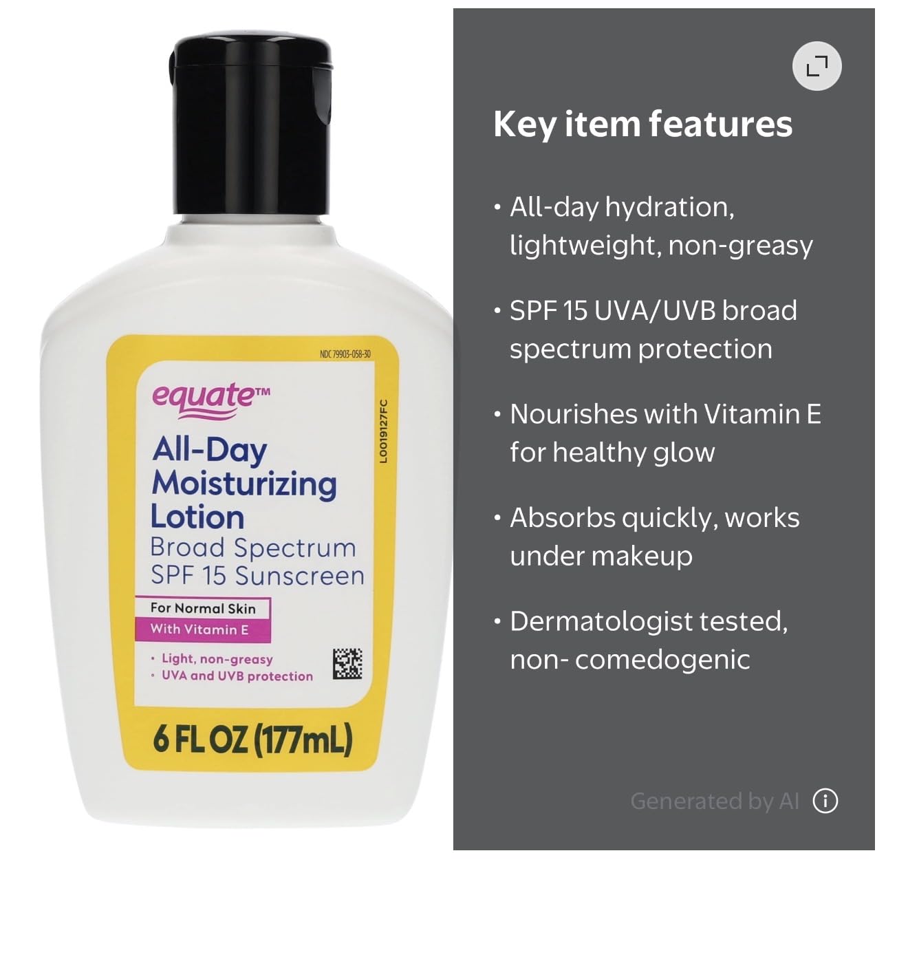 Equate All-Day Moisturizing Lotion with SPF 15 Broad Spectrum Sunscreen, 6 fl oz image 3