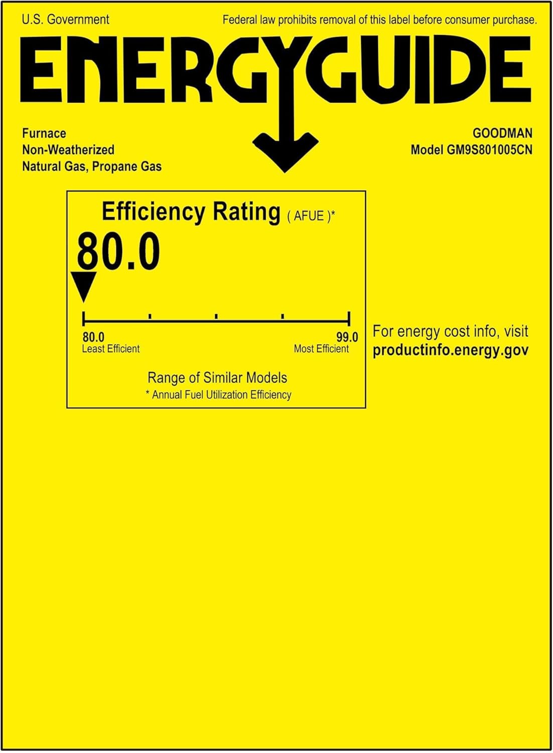 EnergyGuide Label for Goodman GM9S801005CN Furnace
