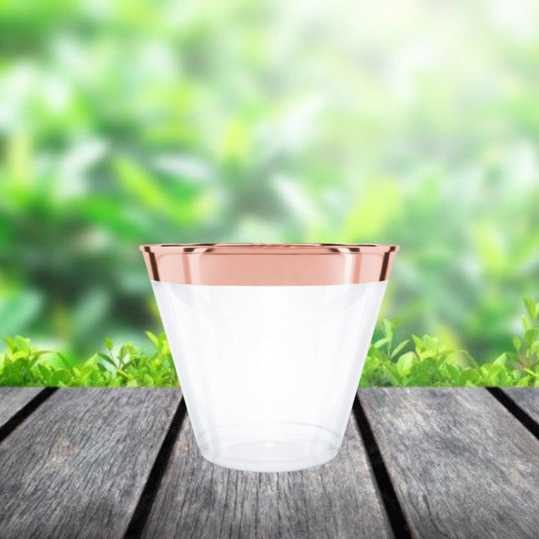 Wanna Party10oz Disposable Clear Drinking Cups with Rose Gold Rim for Birthdays,Wedding, Party, Banquet, Home, Picnic, Bar, Nightclub, Liquors, Champagne, Desserts, Cocktails-10 PCS