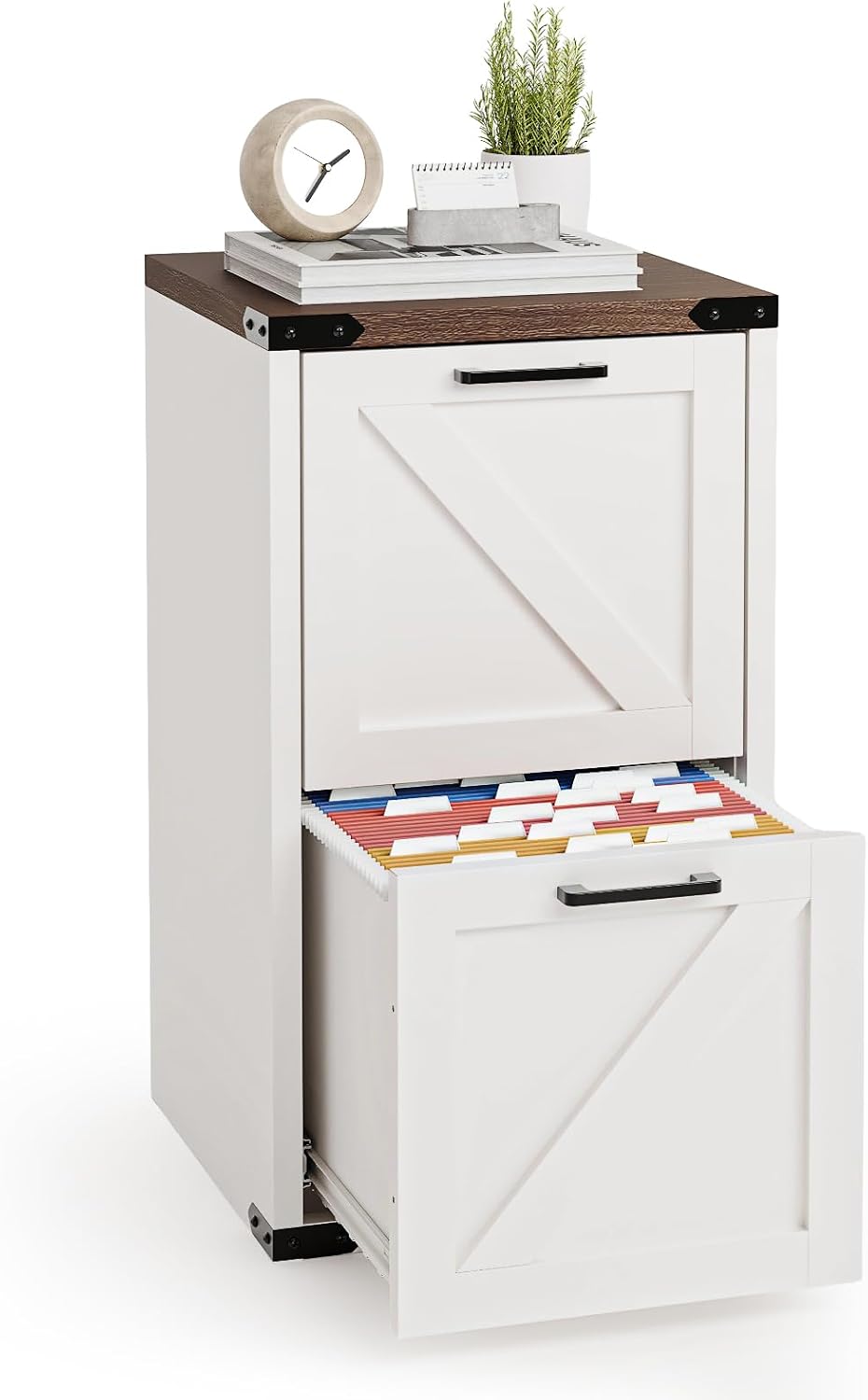 VINGLI 2 Drawer Farmhouse Metal File Cabinet, Home Office Filing Organizer for Letter File Folder Storage, Printer Stand with Drawers, Archivador, Vertical Filing Cabinet for Study, Business (White)
