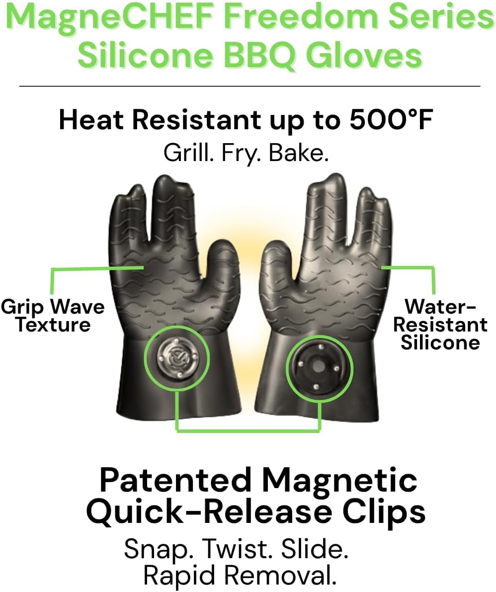 MagneCHEF Freedom Series Magnetic Quick-Release BBQ Gloves – Get Out Fast, 500°F Heat Resistant Silicone, 3mm Thick, Non-Slip Grip, Waterproof & Easy Clean