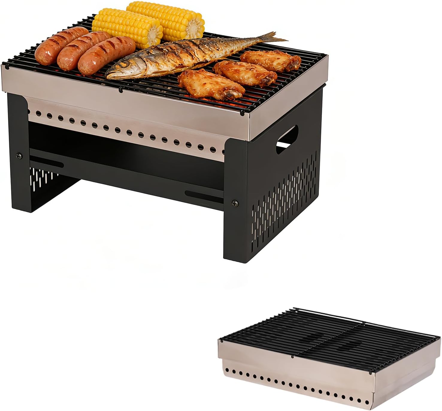 Portable Charcoal Grill, Small Tabletop BBQ, Foldable Mini Hibachi, Stainless Steel Camping Grill, Compact Outdoor Cooker for Picnic, Tailgating Chac Grl 002P (Orange)