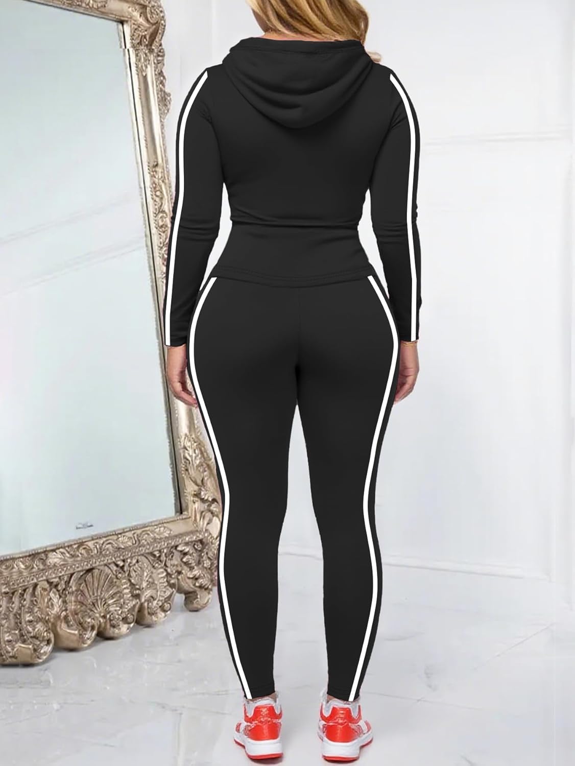 Women 2 Piece Outfits Casual Workout Sets Striped Bodycon Tracksuit Zip Up Long Sleeve Hoodle Jacket Jogger Pant Set - Image 5
