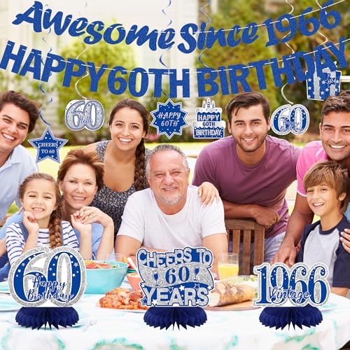 Image of Crenics Blue 1966 60th Birthday Decorations for Men or Women | Happy 60th Birthday Banner, Awesome Since 1966 Banner, Honeycomb Centerpieces and Hanging Swirls for 60 years old Party Suppl