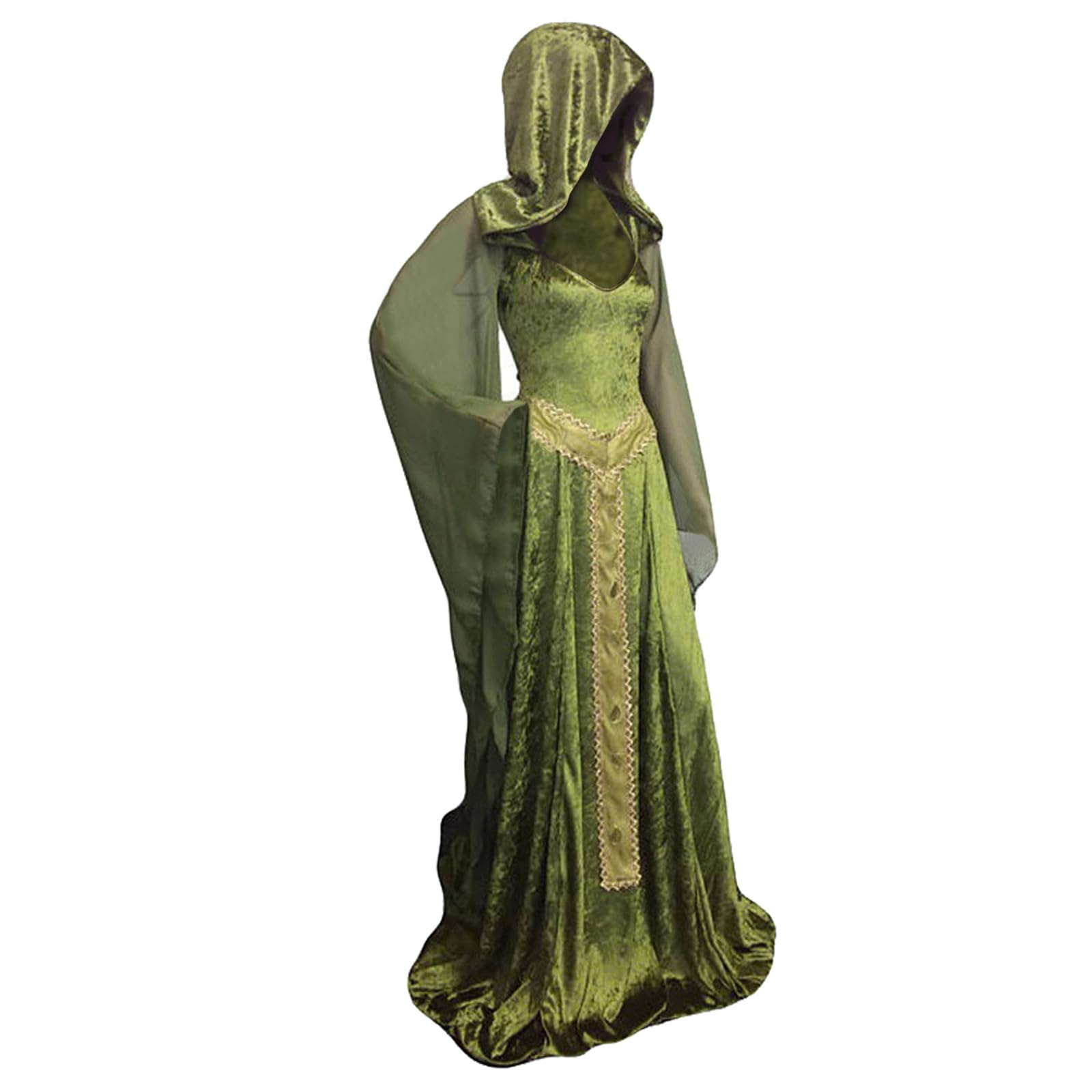 Cyborey Vestido medieval con capucha para mujer, con cordones, retro, verde, vestido largo, para adultos, Halloween, cosplay