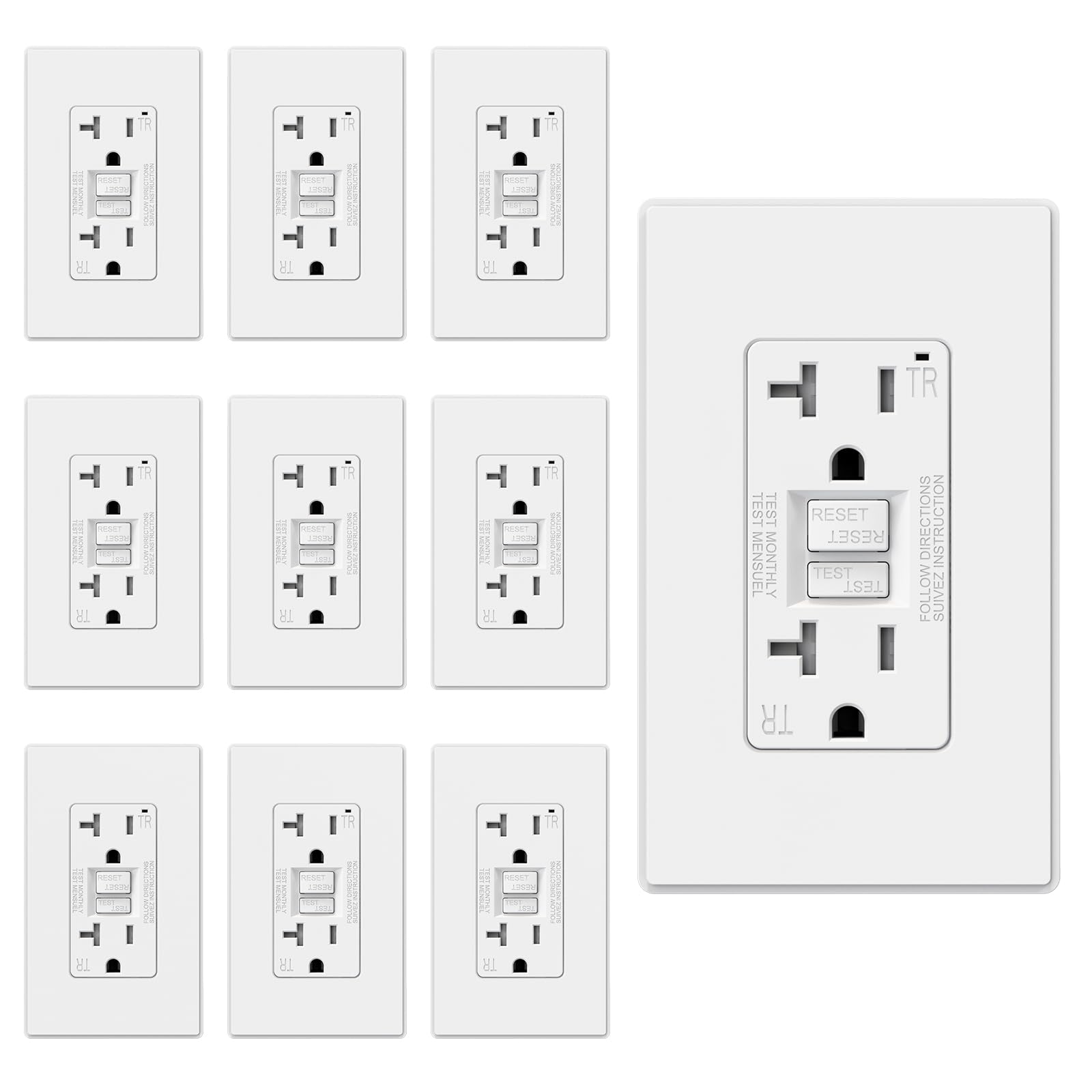 ELEGRP GFCI Outlet 20 Amp, Self-Test GFI Electrical Outlet with Thinner Design, TR Tamper Resistant GFCI Receptacle, Ground Fault Circuit Interrupters with Wall Plate, UL Listed, Matte White, 10 Pack