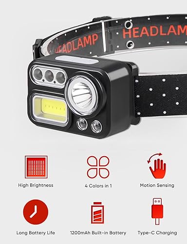 Miniatura 2 de XLENTGEN Linterna frontal recargable de 4 colores en 1 LED de 500 lúmenes, lámpara de cabeza con sensor de movimiento, 2 unidades, 8 modos, blanco,