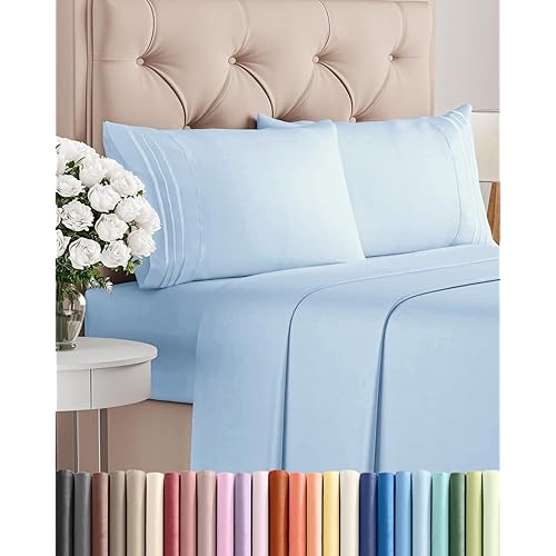 Queen Size 4 Piece Sheet Set - Comfy Breathable & Cooling Bed Sheets Set - Hotel Luxury Bedding for Women, Men, Kids, Teens, Boys & Girls - Deep Pockets, Soft and Wrinkle Free - Oeko-Tex - Light Blue