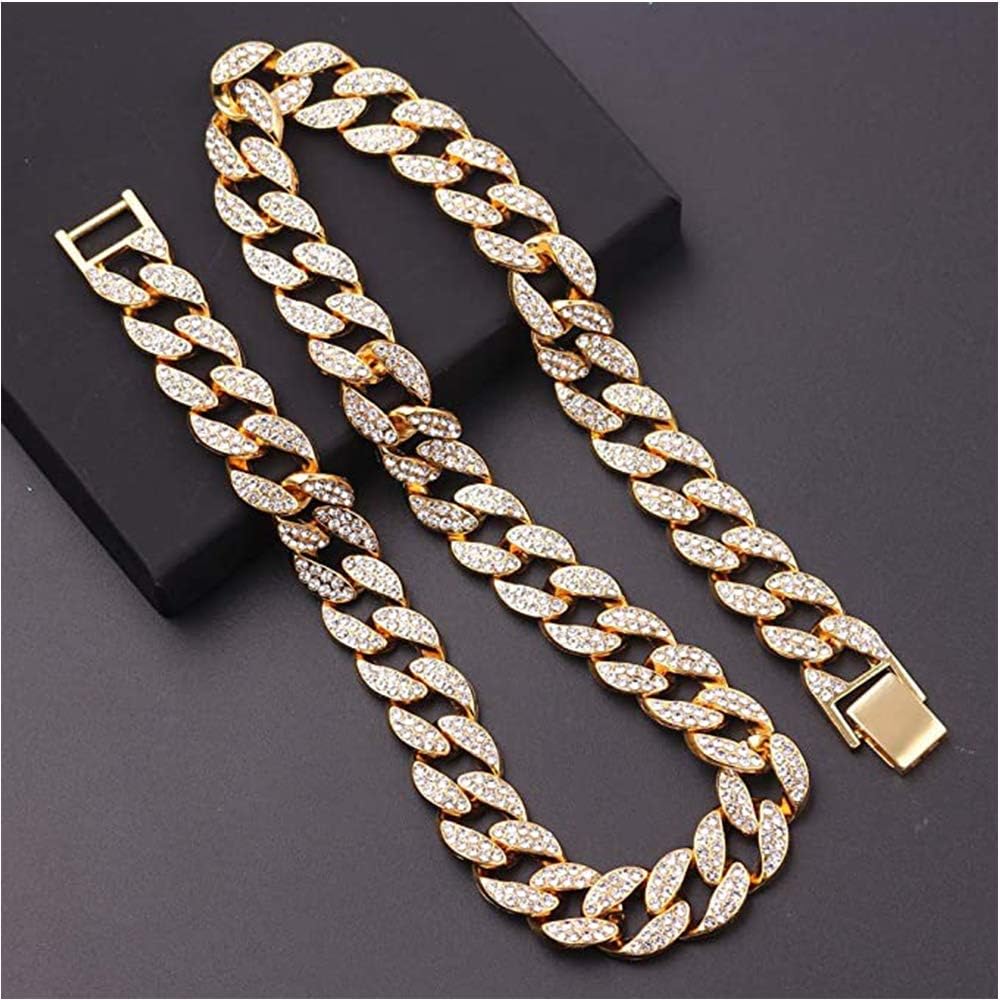 EMESLY Miami Cuban Link Chain 14K Gold Plated Necklace (16, 18, 20, 22, 24, 30 Inches Length); Hip Hop Bracelet (8" Length) for Men & Women; Perfect Iced Out Bling Jewelry Gift