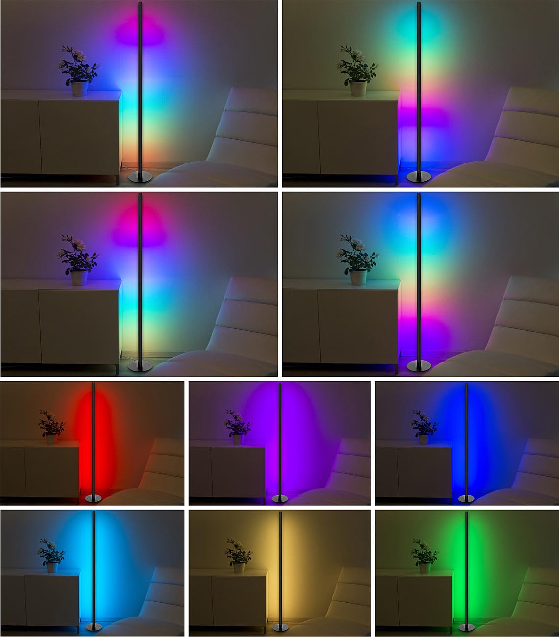 Luminea Home Control Stehlampe LED: WLAN-Steh-/Eck-Leuchte, RGB-IC-LEDs, 12W, dimmbar, App, 155cm, schwarz (Ecklampe, Stehleuchte RGB, Disco)