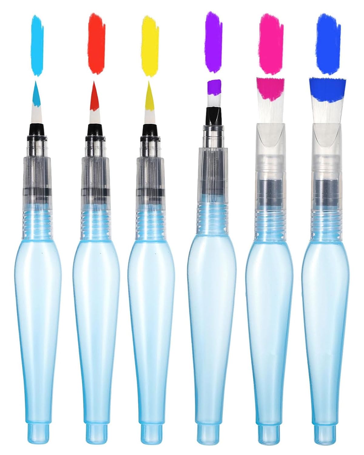 6 Aquarellpinsel, Künstlerpinsel-Set, blaue, leere Kunststoffpinsel mit nachfüllbarer Kartusche, geschärfte Spitzen, geeignet für Aquarellmalerei und -zeichnungen, drei Größen