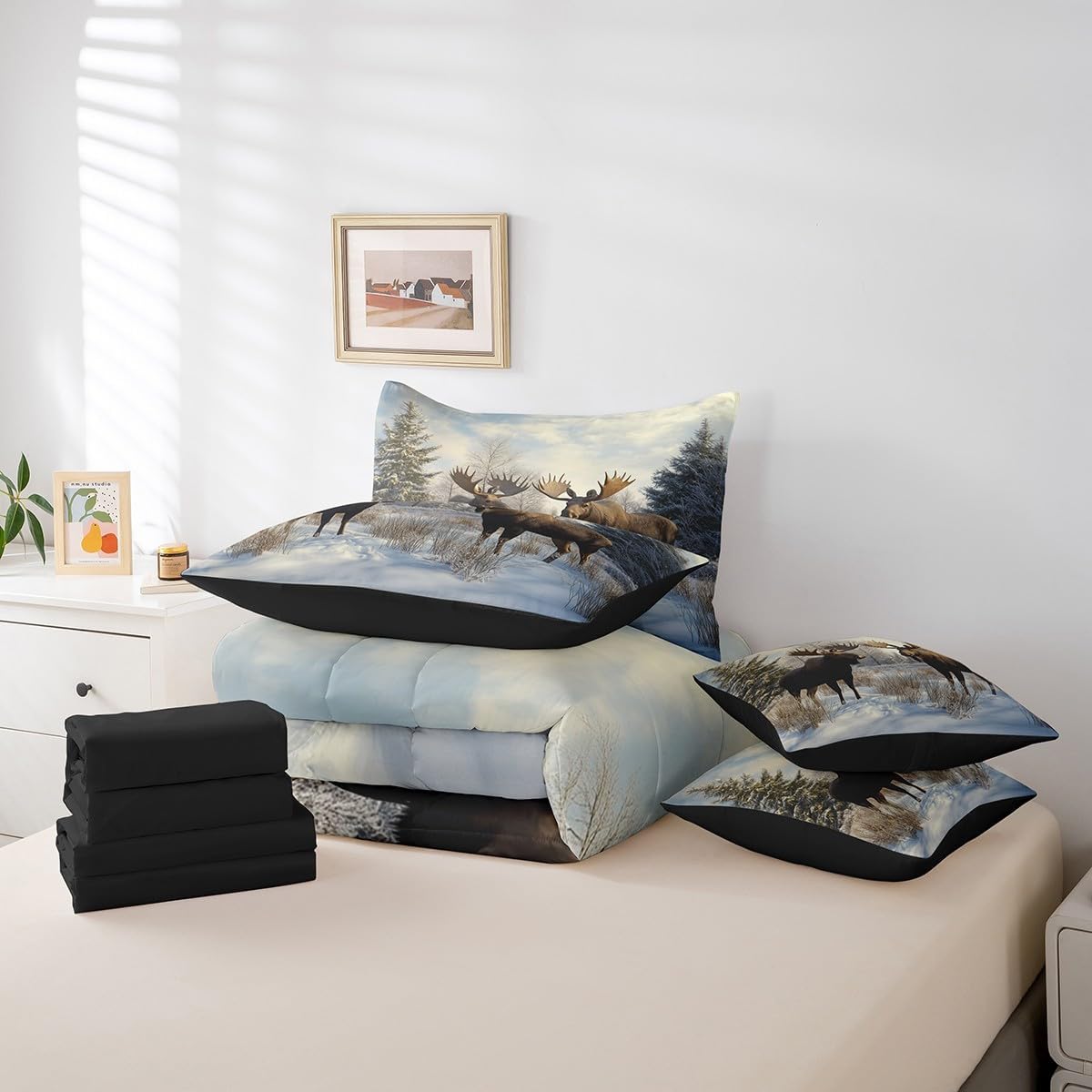 Feelyou Brown Moose Bedding Set Queen Size Deer Hunting Comforter Set 7 Pieces Decor Antlers Wild Animal Rustic Lodge Cabin Farmhouse Bed in a Bag Snow Bed Set with Comforter, Sheet Set, Pillowcases