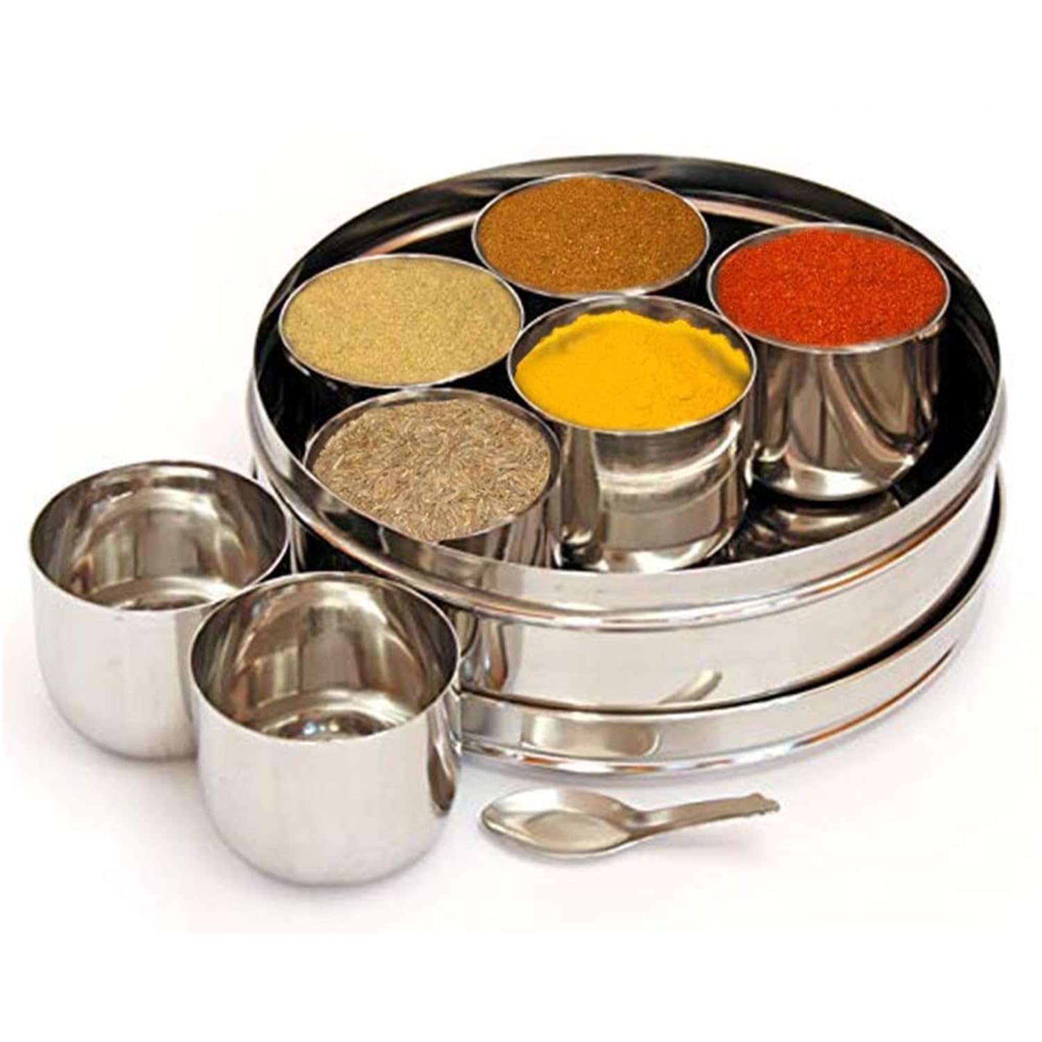 Kajal Edelstahl Masala Box 8-teilig – Gewürzbox mit Stahldeckel & kleinem Löffel | Indische Gewürzdose aus Edelstahl | Praktische Gewürzlösung für Küche & Alltag met Sticker