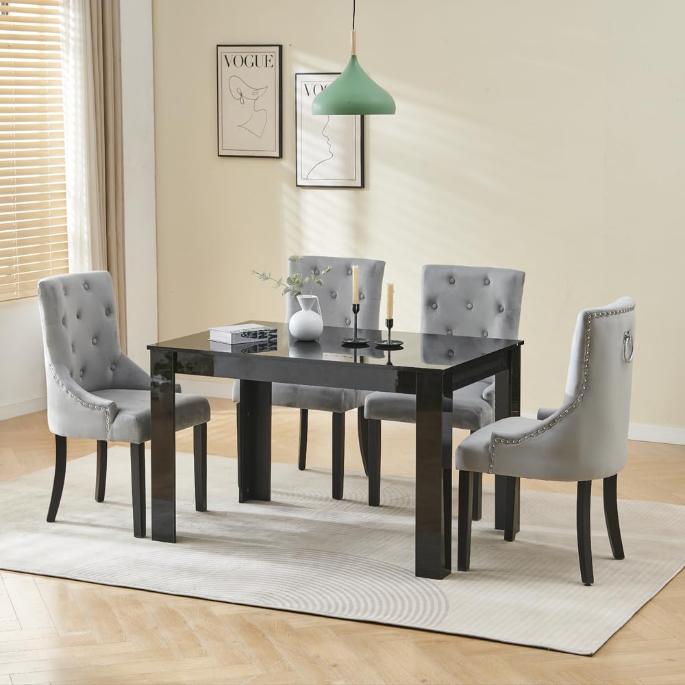 Menaka Modern Wooden Dining Room Table and Chairs Set of 4 for Small Space, 5 Pieces Rectangular Kitchen Table with 4 Chairs (110cm black table and 4 black leather chairs#1) — view 65