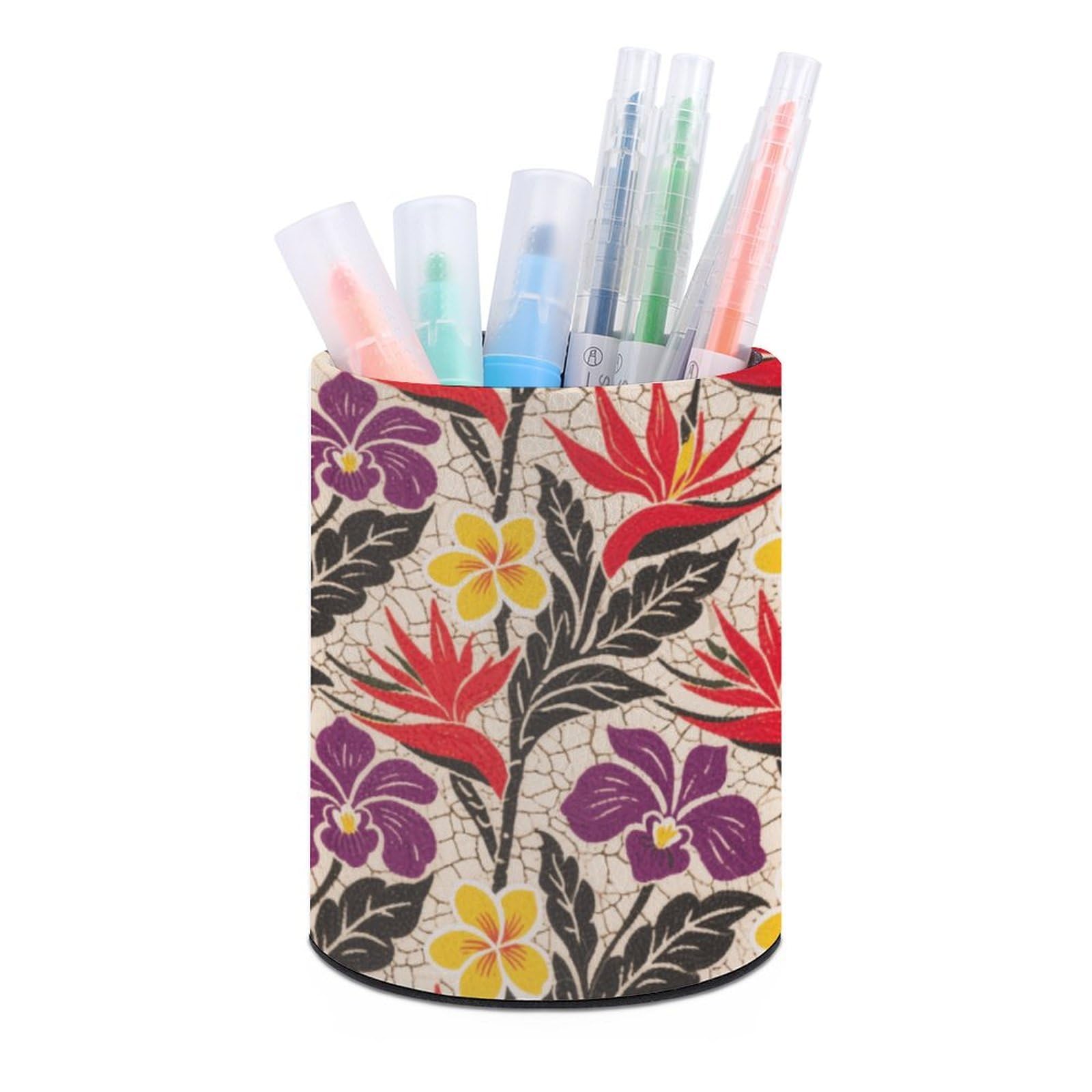 VstaDank Tropical Flower Pen Holder PU Leather Pencil Cup Minimalist Desk Pencil Holder Round Make Up Brush Organizers For Office Dorm Room&Vanity Desk Accessories