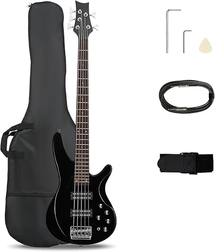 Ktaxon 5 String Electric Bass Guitar, Full Size Standard Right Handed Rosewood Fretboard Bass Kit with Gig Bag Strap Cable Wrench Tool (Upgraded Black)