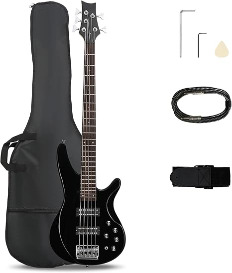 Ktaxon 5 String Electric Bass Guitar, Full Size Standard Right Handed Rosewood Fretboard Bass Kit with Gig Bag Strap Cable Wrench Tool (Upgraded Black)