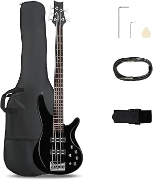 Ktaxon 5 String Electric Bass Guitar, Full Size Standard Right Handed Rosewood Fretboard Bass Kit with Gig Bag Strap Cable Wrench Tool (Upgraded Black)