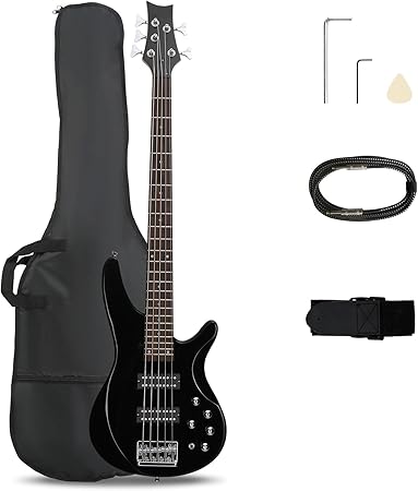 Ktaxon 5 String Electric Bass Guitar, Full Size Standard Right Handed Rosewood Fretboard Bass Kit with Gig Bag Strap Cable Wrench Tool (Upgraded Black)
