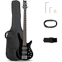 Ktaxon 5 String Electric Bass Guitar, Full Size Standard Right Handed Rosewood Fretboard Bass Kit with Gig Bag Strap Cable Wrench Tool (Upgraded Black)