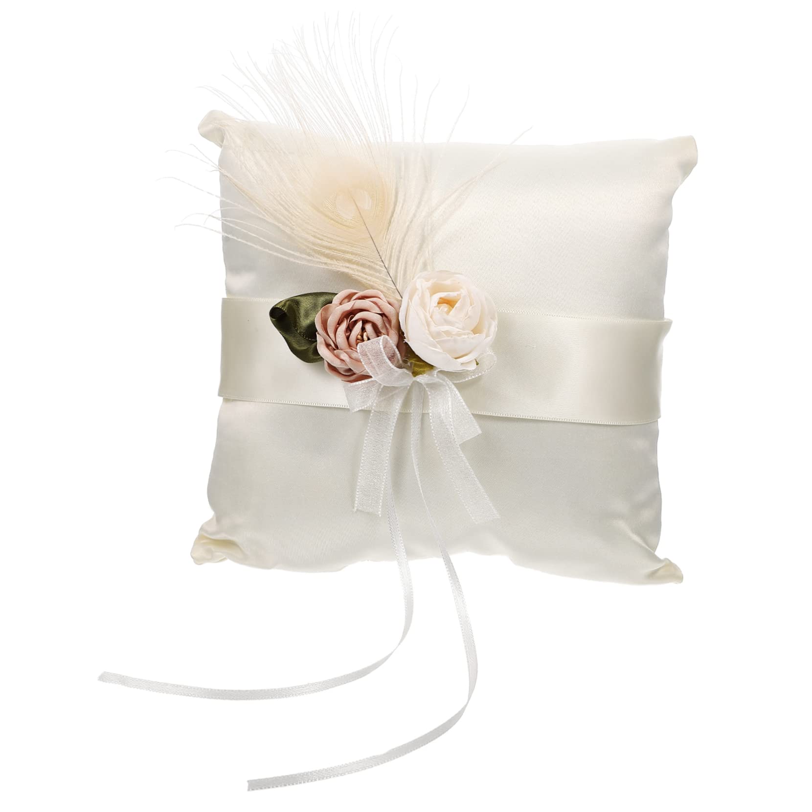 Cojín de anillos de boda PRETYZOOM en satén blanco con adornos de flores elegantes 1