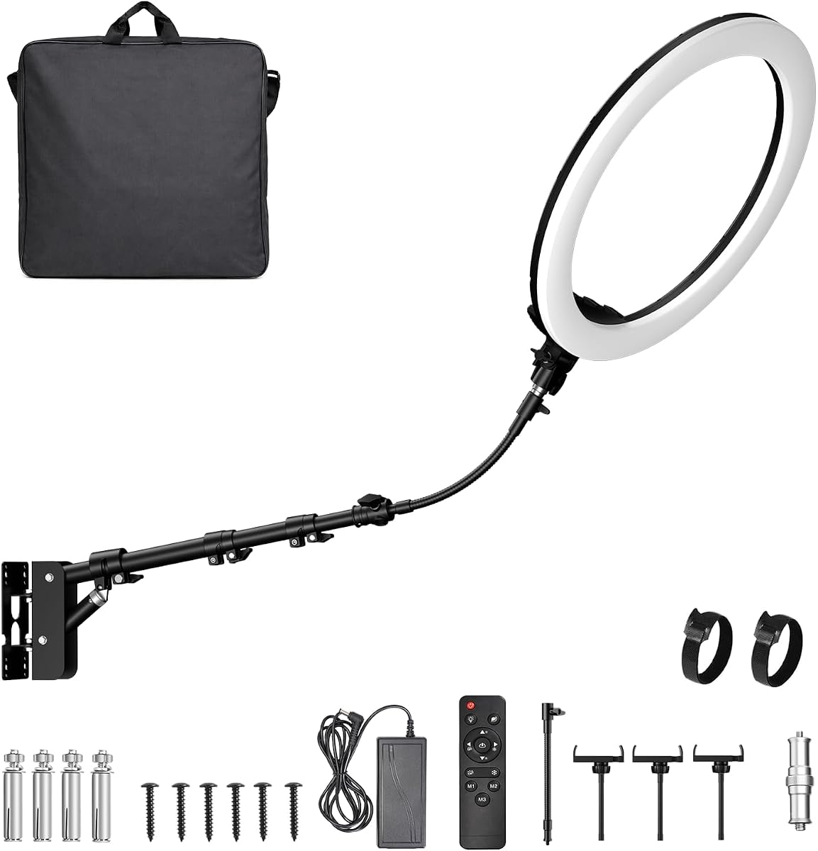 EMART Soporte de pared con luz anular de 21 pulgadas con soporte para teléfono y brazo giratorio | Soporte de luz superior con control remoto para estudio de iluminación de fotografía, transmisión en vivo, salón, luz de barbería, tatuaje de belleza