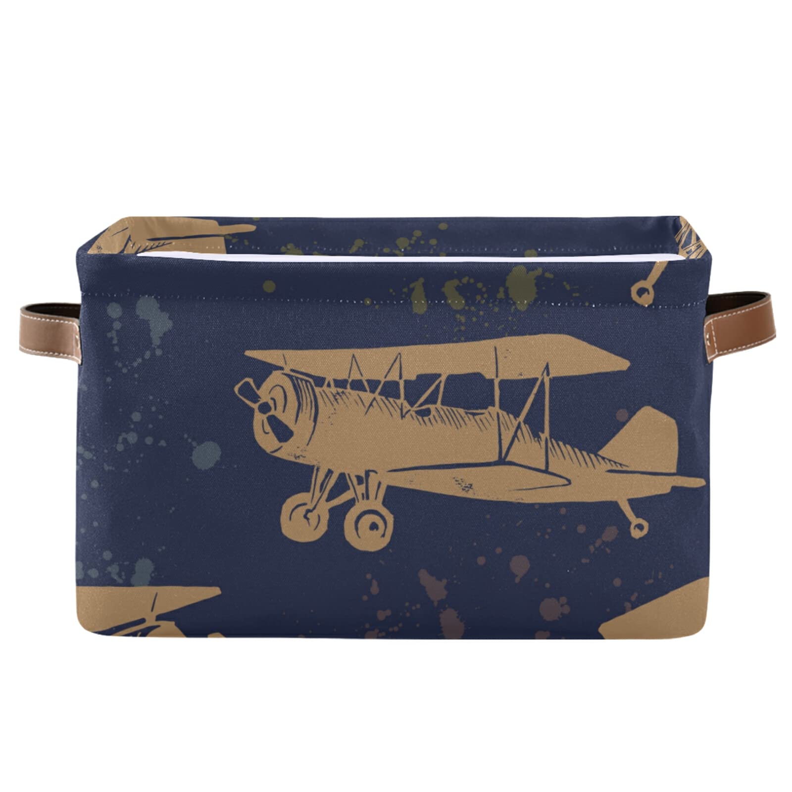 susiyo Large Foldable Storage Bin Vintage Airplanes Fabric Storage Baskets Collapsible Decorative Baskets Organizing Basket Bin with PU Handles for