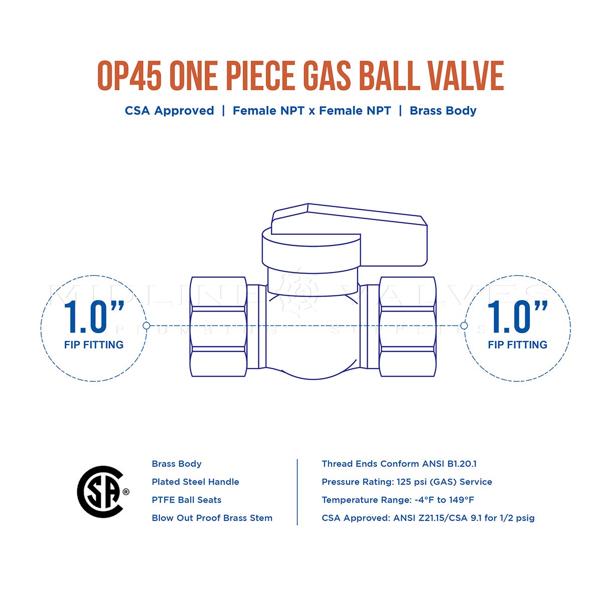 Midline Valve 1PC01VLV Superior - Válvula de bola de gas de una pieza, conexiones FIP de 1 pulgada, latón, 1