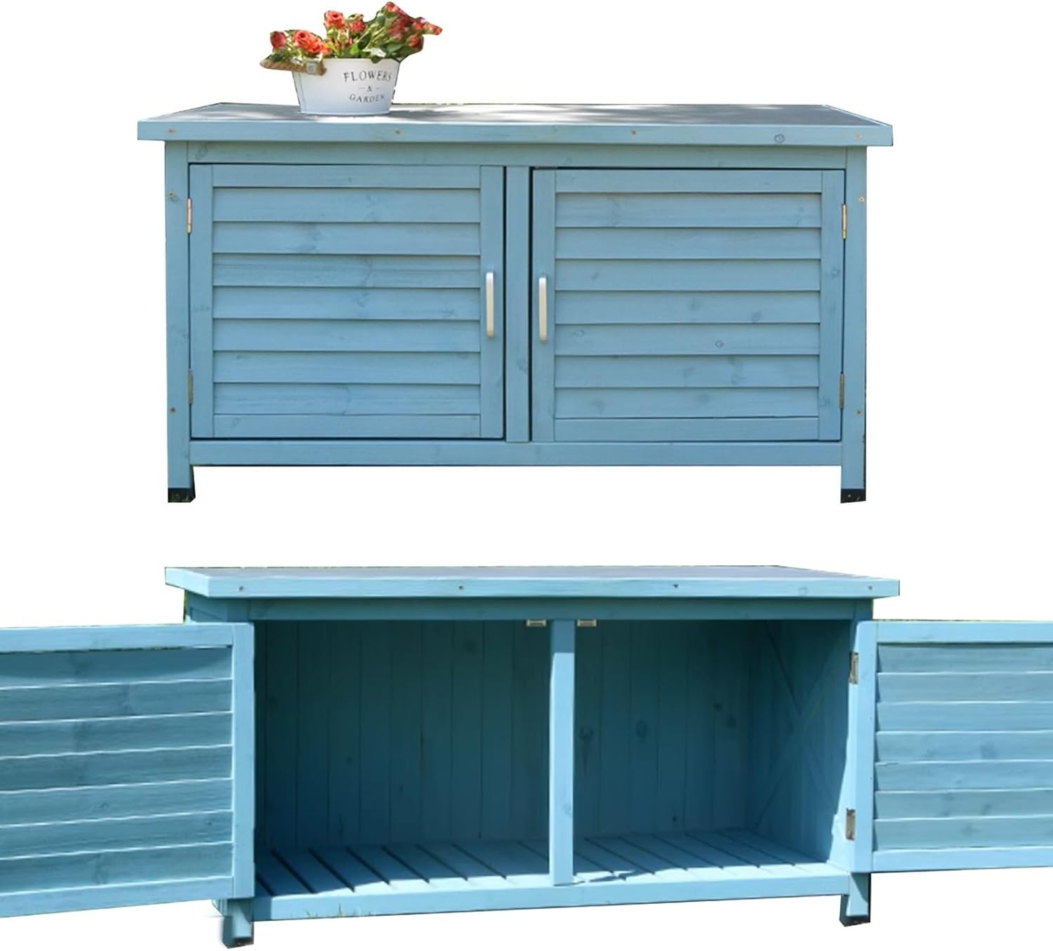 Outdoor Storage Cabinet with Double Doors Weatherproof Wooden Garden Utility Shed for Patio Yard Balcony Waterproof Solid Wood Construction Tool Storage Box(White)