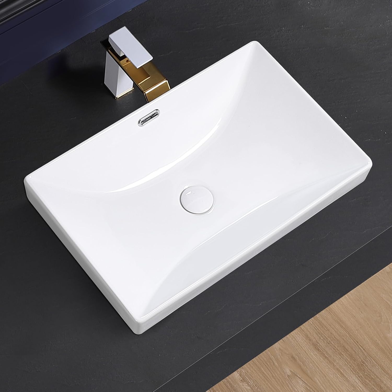 Semi Recessed Bathroom Sink 23"x15" Drop-in Vessel Sink White Porcelain Ceramic Modern Rectangular Sinks Basin Vanity Sinks with Overflow for Bathrooms