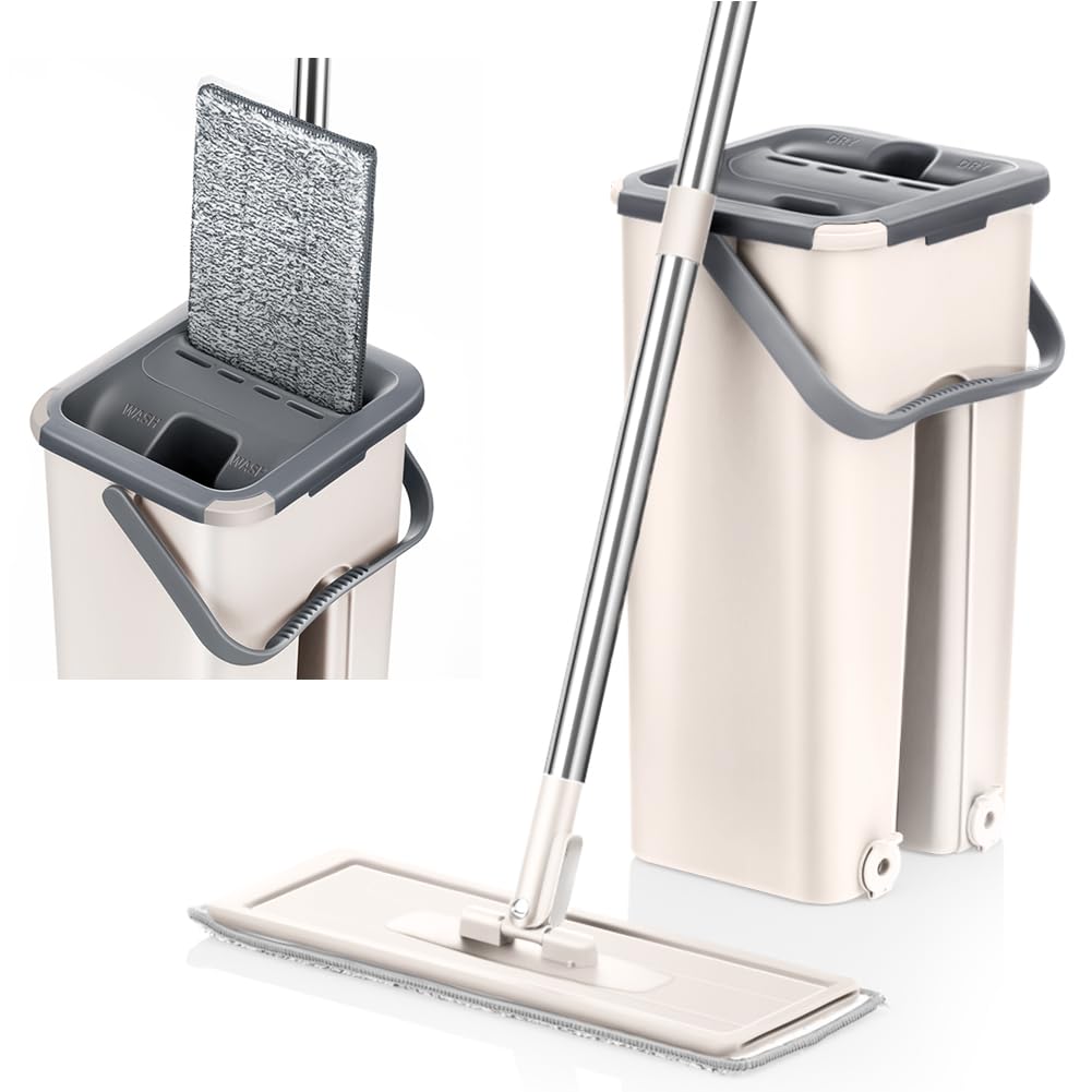 Mopa para Limpiar Azulejos y Paredes Mopa Fregona con Cubo Escurridor Fregona Autoescurrible Mopas de Limpieza Suelos Mop Bucket Set 6 Almohadillas Microfibra Gamuza Trapeador (Beis)