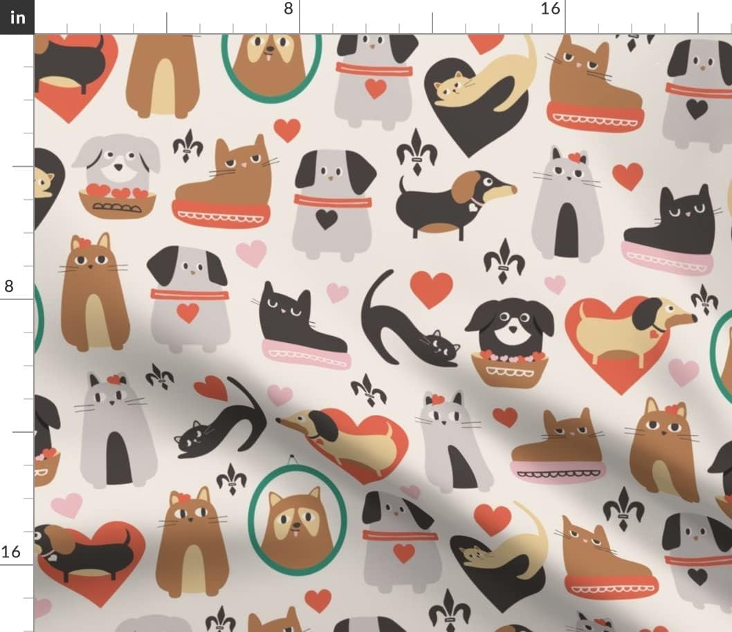 Spoonflower Fabric - Cute Valentine Pet Love Hand-Drawn Vector Pet Friends Cat and Dog Printed on Petal Signature Cotton Fabric Fat Quarter - Sewing Quilting Apparel Crafts Decor