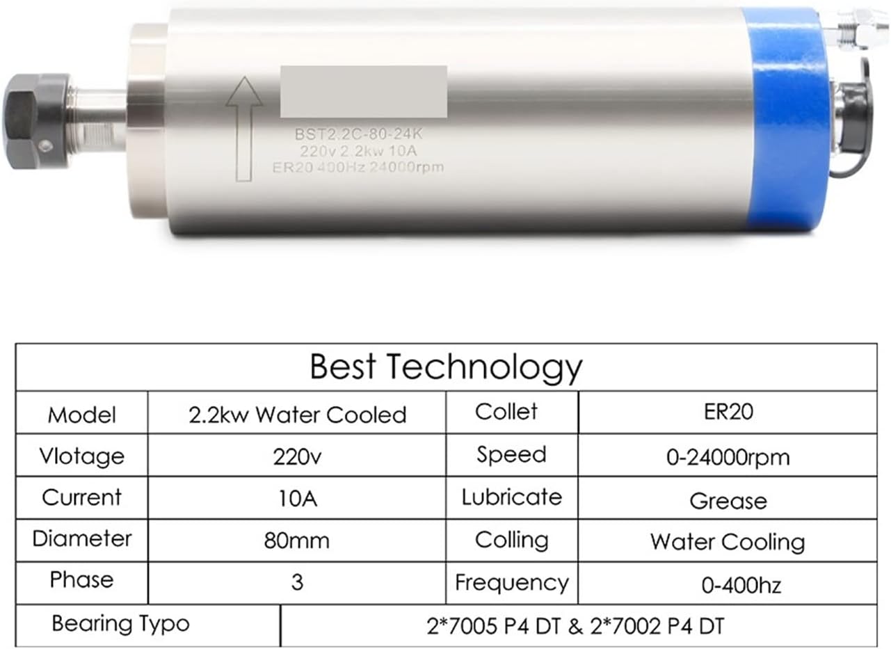 CNC Spindle, 2.2kw ER20 Water Cooled Spindle Kit Cooling Inverter 80mm Bracket 75w Pump(Steel Ball Bearing)