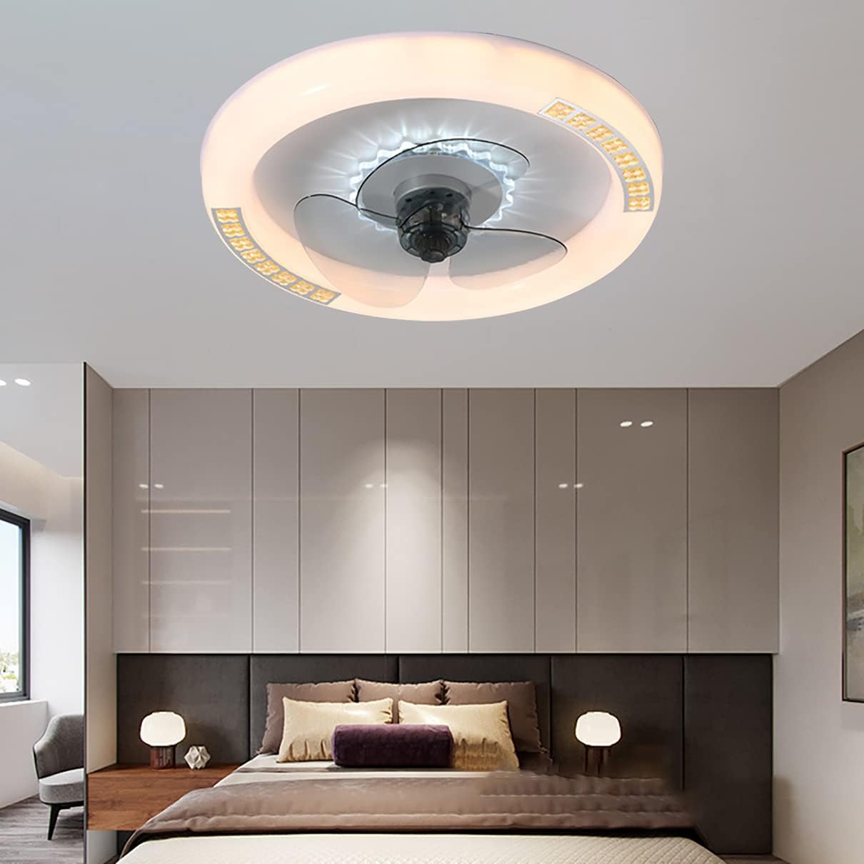 YUEGOO Bedroom Ceiling Fan with Light and Remote Control Mute Led Fan Lighting 3 Speeds Dimmable Ultra-Thin Fan Ceiling Light Modern Living Room Quiet Ceiling Fan Light