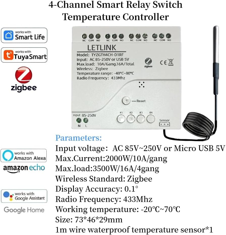 Zigbee 4 Channel Temperature Monitor Controller with Sensor Probe, AC 85-250V Or USB 5V Dry Contact Smart Relay Switch,Smart Life Or Tuya app Remote(AC 85-250V)